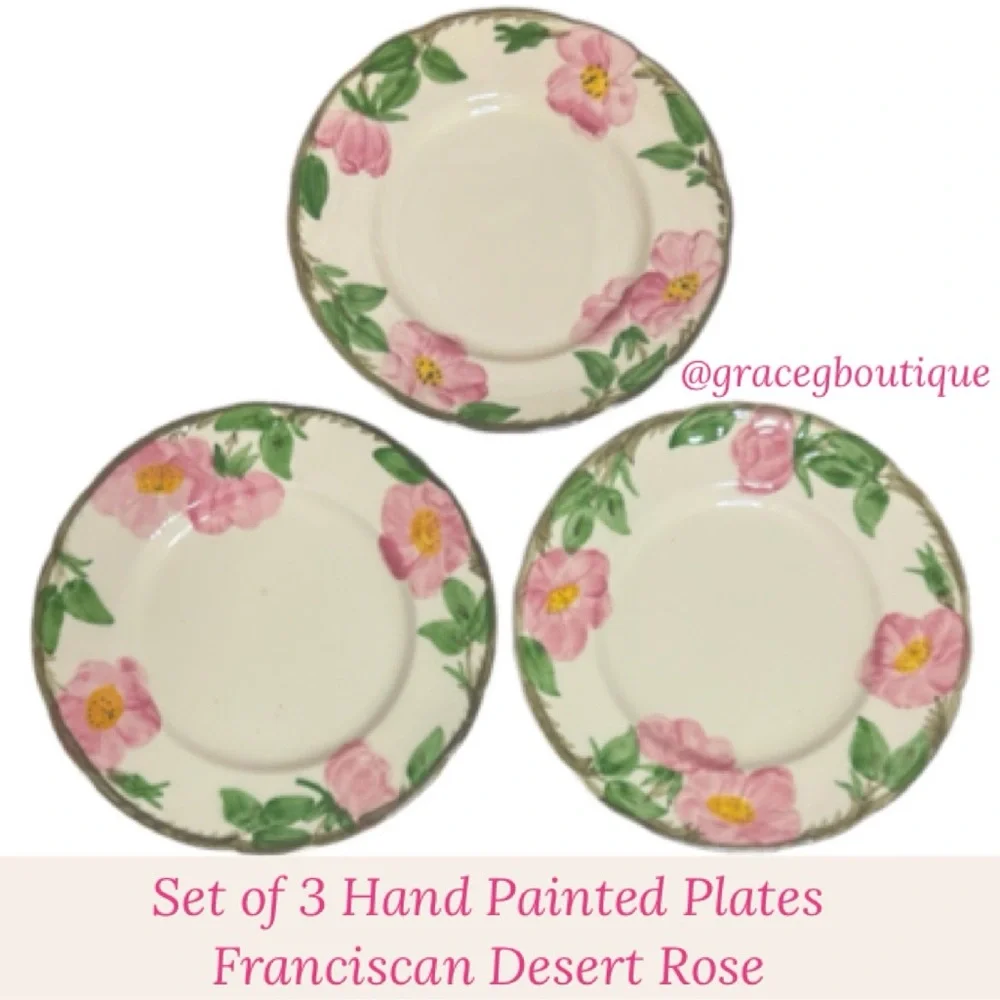 Franciscan Desert Rose 8” Plates 3 Pc Set Vintage Dishes USA Cottage Cream Pink